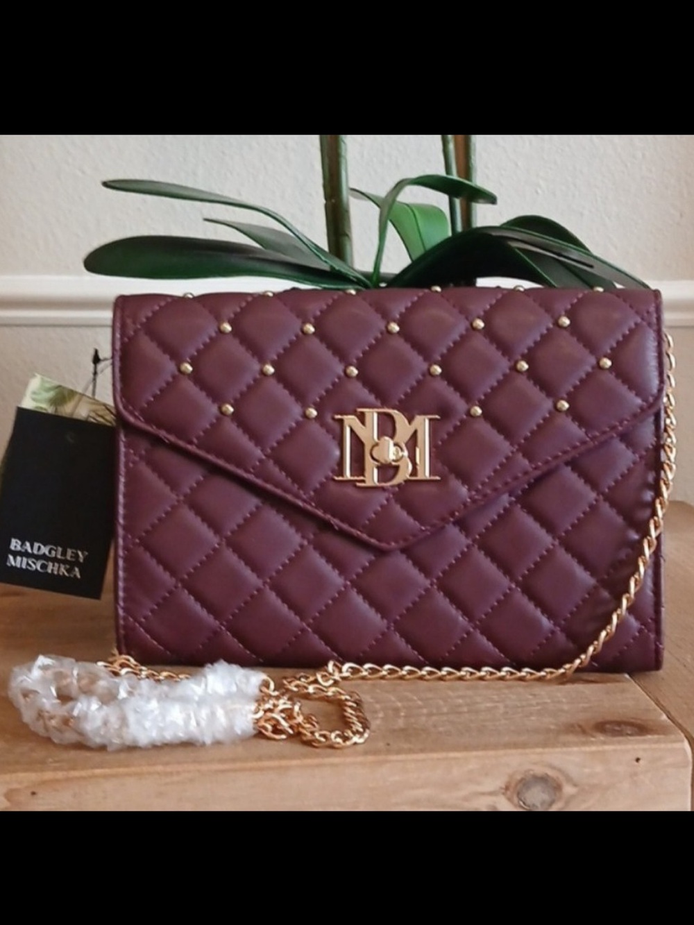 NWT Badgley Mischka Quilted Burgundy Crossbody with Gold Chain